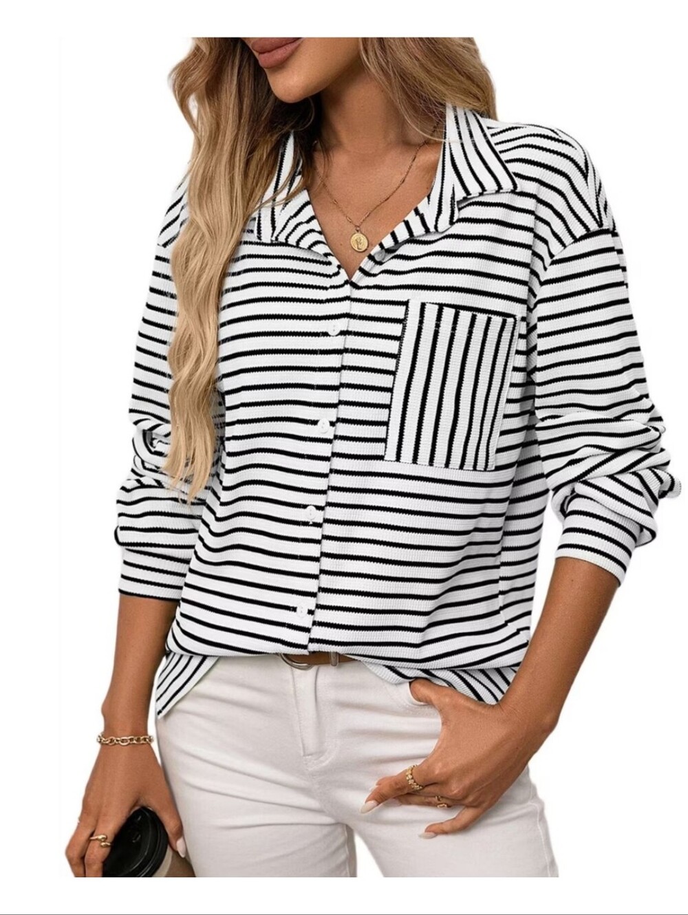 Waffle Knit Long Sleeve Button Down Top Black & White Striped Size M